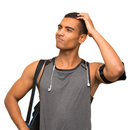 man with fitness bag and earbuds scratching his head