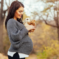 pregnant woman outside in fall wearing grey sweater and holding a small brown teddy bear
